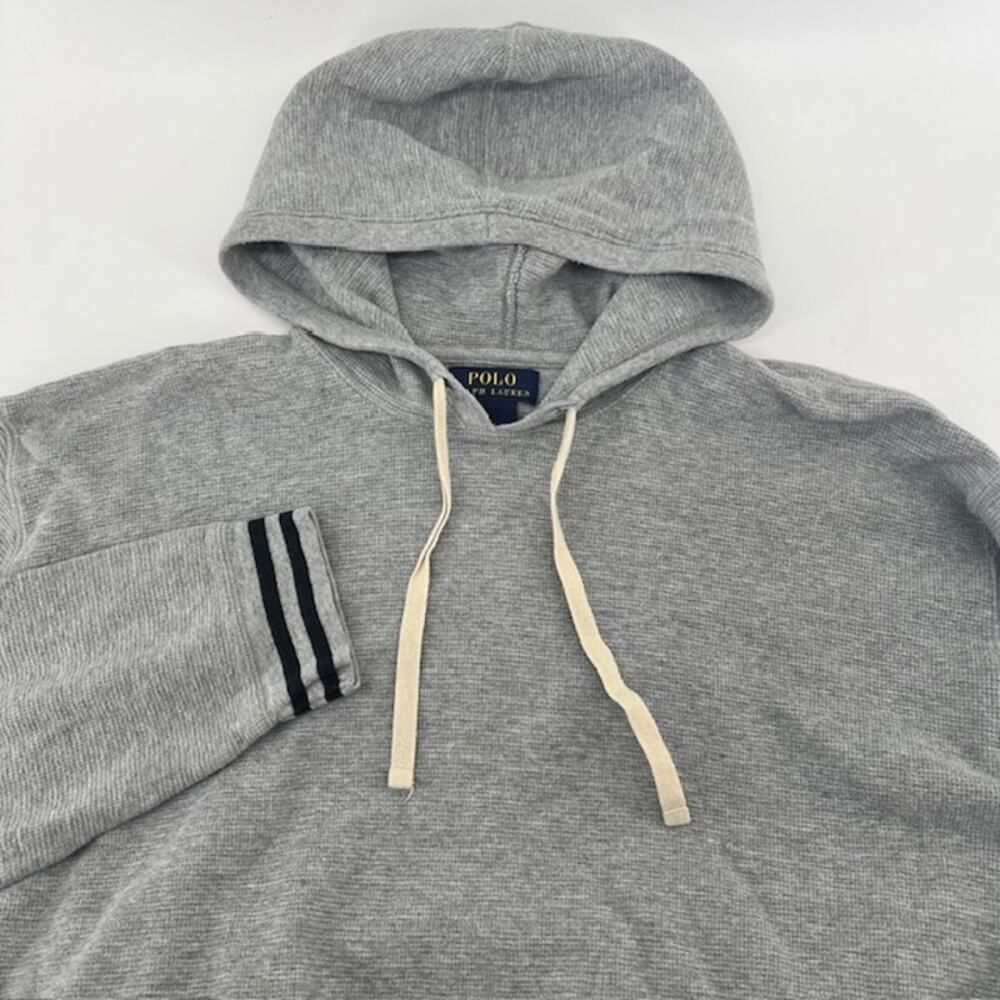 Polo Ralph Lauren Waffle Knit Hooded Pullover Sweater Mens XL Gray Black Preppy